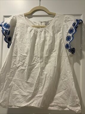 J. Crew White Cotton Blouse with Blue Embroidered Sleeves